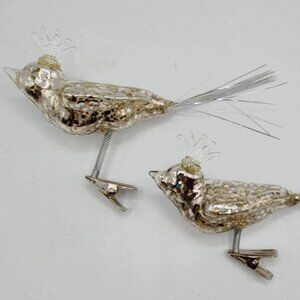 Small Silver Cockatoo Bird Glass Clip On Ornament 3x3.5" Set of 2
